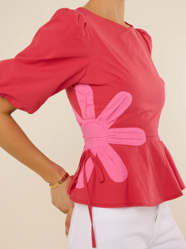 Bubble Sleeve Printed Waist Cinching Top