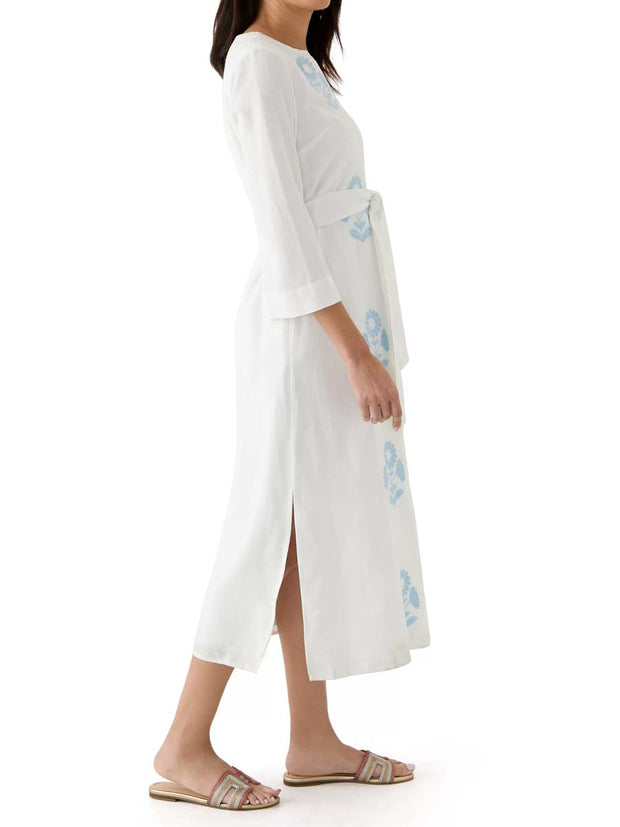 Embroidered Split Neck Belted Maxi Dress