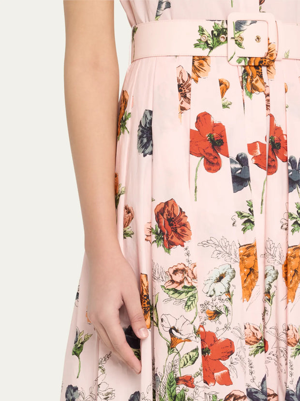 Floral Print Cap-Sleeve Pleated Dress