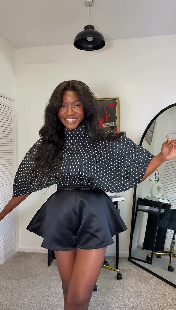 Polka dot top + black mini skirt