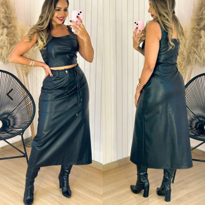 Elaine Black Leather Midi Skirt Set