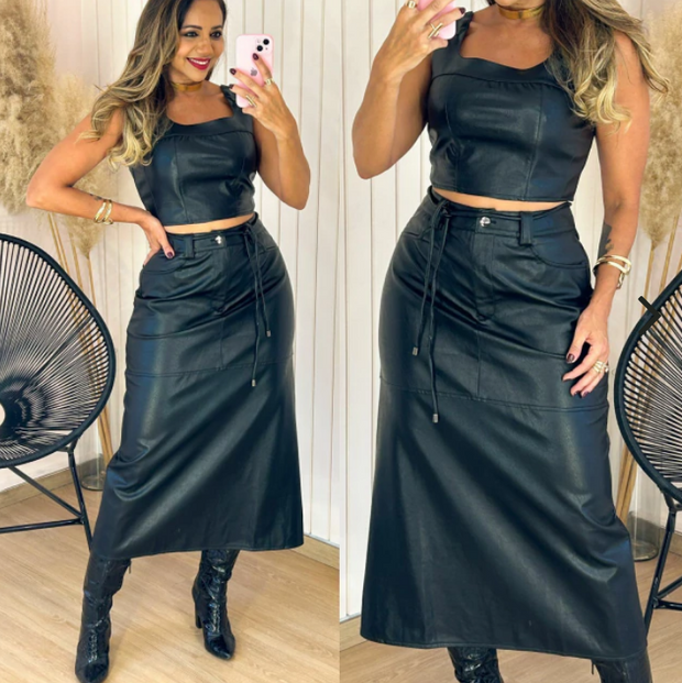 Elaine Black Leather Midi Skirt Set