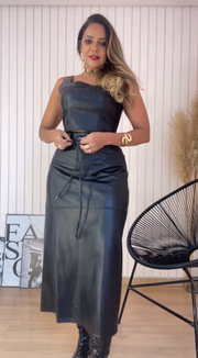 Elaine Black Leather Midi Skirt Set