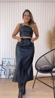 Elaine Black Leather Midi Skirt Set