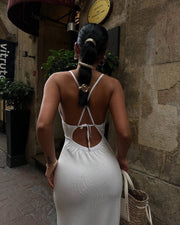 V-neck 3D effect knitted suspender dress