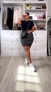 Sleeveless Elegant Black and White Striped Fitted Dress