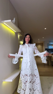 Stand collar hollow lace trumpet sleeve single breasted belt dress