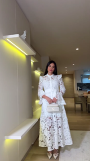 Stand collar hollow lace trumpet sleeve single breasted belt dress