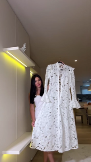 Stand collar hollow lace trumpet sleeve single breasted belt dress