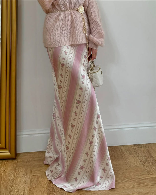 Striped Gentle Floral Long Skirt