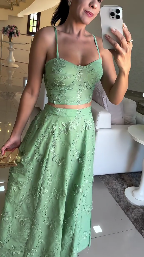 Green dress suspender top + skirt two-piece set