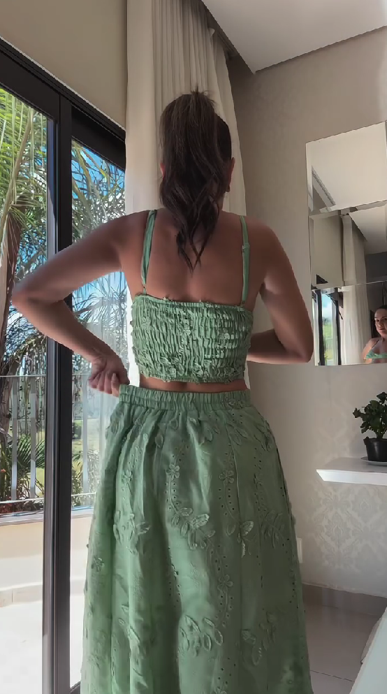 Green dress suspender top + skirt two-piece set