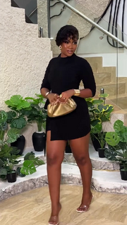 Black Fitted Side Tie Long Sleeve Dress