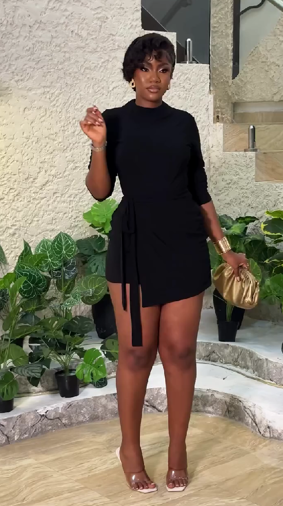 Black Fitted Side Tie Long Sleeve Dress