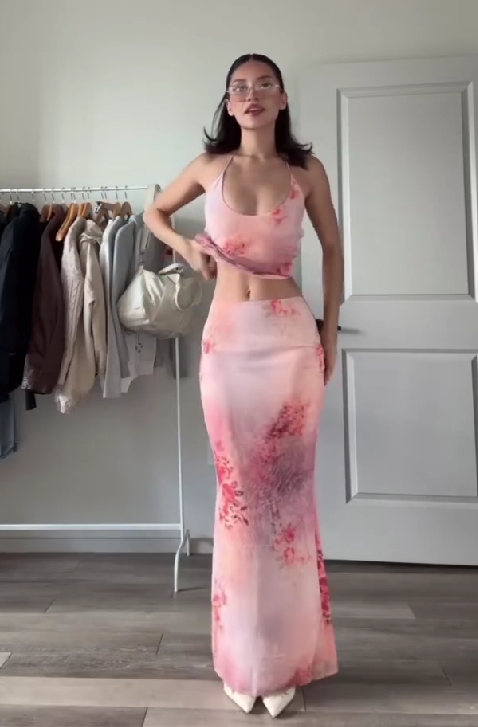 Gradient Pink Floral Fishtail Skirt Two-Piece Set