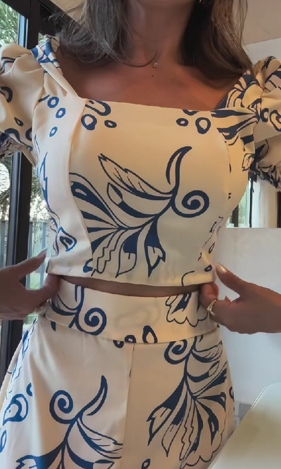 Temperament slim fit printed puff sleeve dress