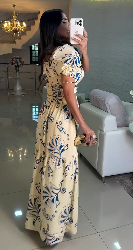 Temperament slim fit printed puff sleeve dress