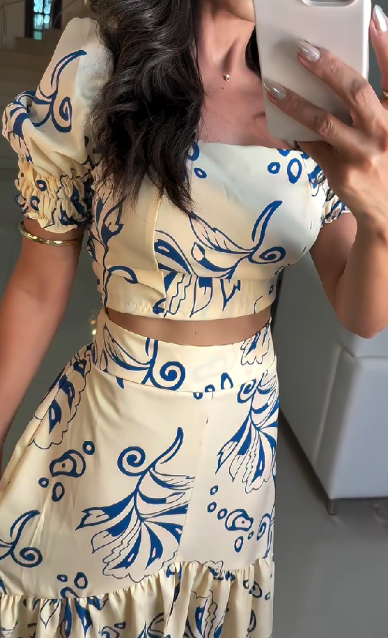 Temperament slim fit printed puff sleeve dress