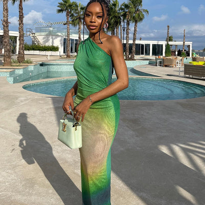 Fashion Print Off-shoulder Sleeveless Gradient Dress