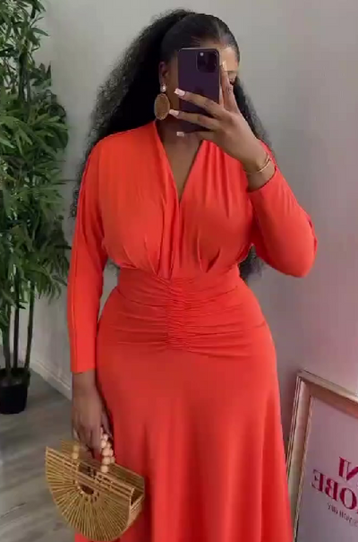 Solid color long sleeve V-neck elegant dress