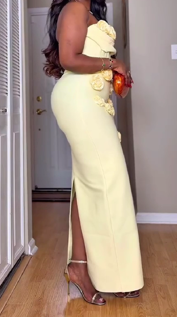 Yellow floral sleeveless backless dress