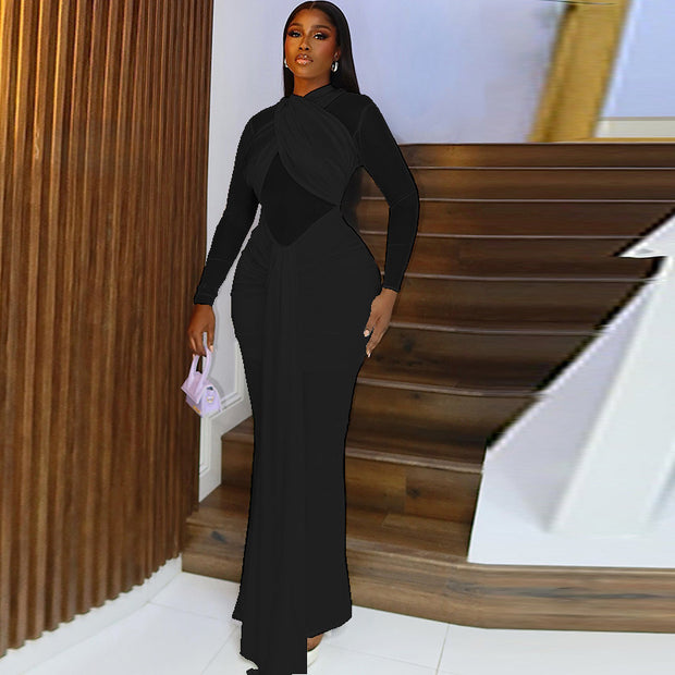 Elegant and simple solid color pleated wrap dress