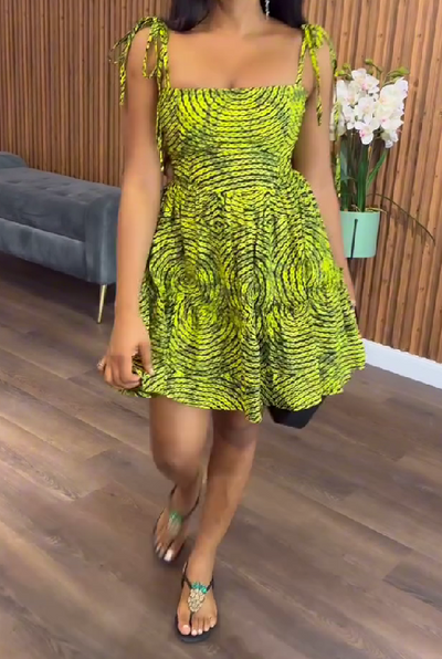 Holiday style high-end printed suspender dress