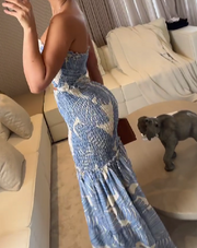 Temperamental blue dress with brown leaf print