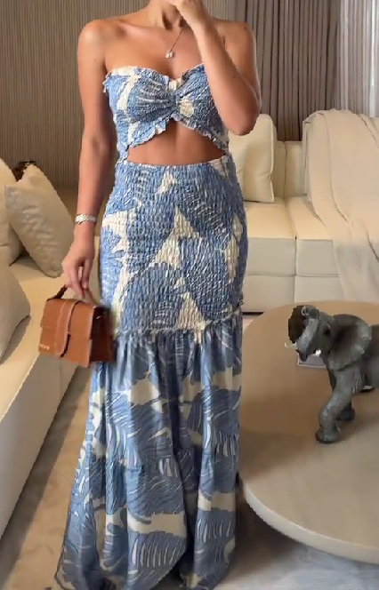 Temperamental blue dress with brown leaf print