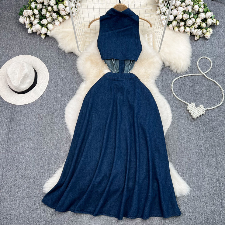 Retro lapel hollow sleeveless slit denim dress