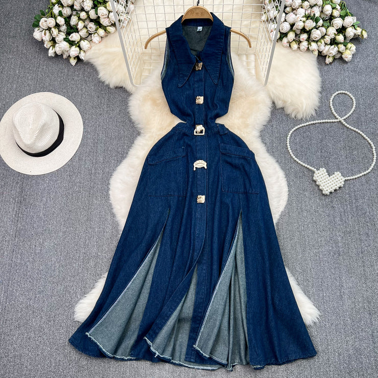 Retro lapel hollow sleeveless slit denim dress
