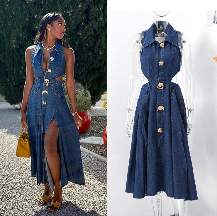 Retro lapel hollow sleeveless slit denim dress