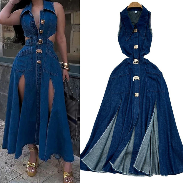 Retro lapel hollow sleeveless slit denim dress