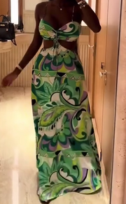 Peacock print floor length dress