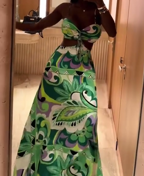 Peacock print floor length dress