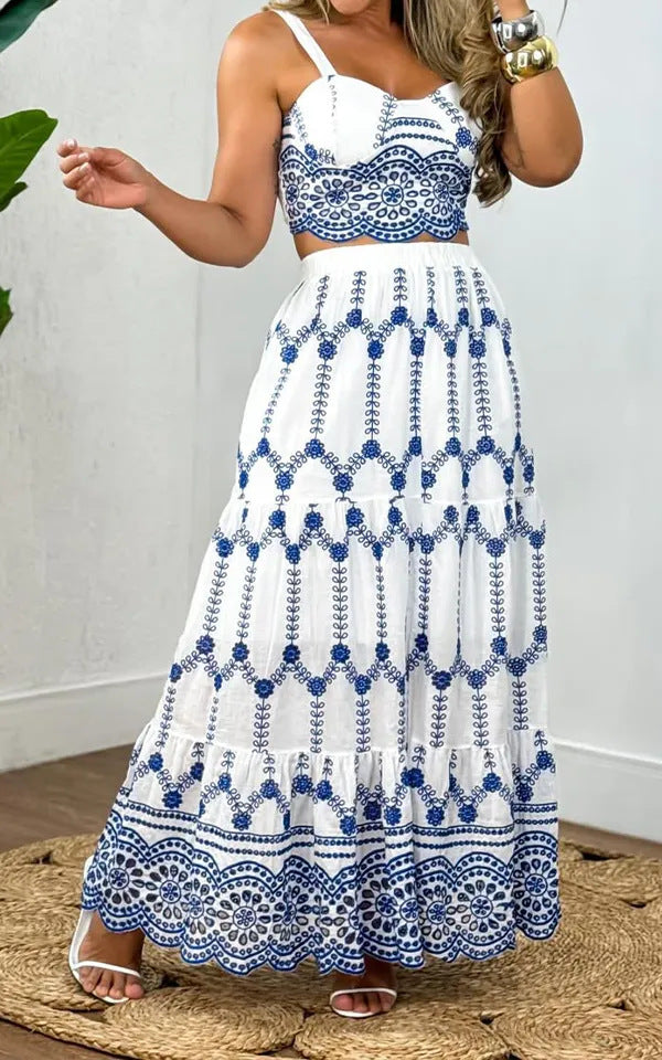 New summer printed suspender maxi skirt suit