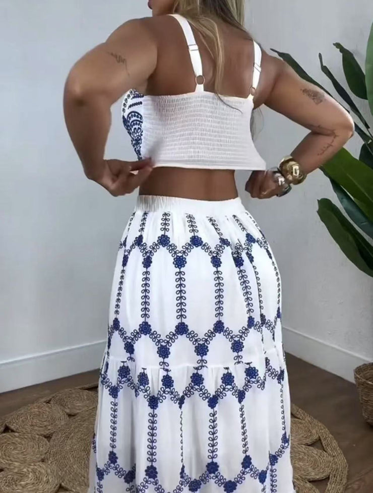 New summer printed suspender maxi skirt suit