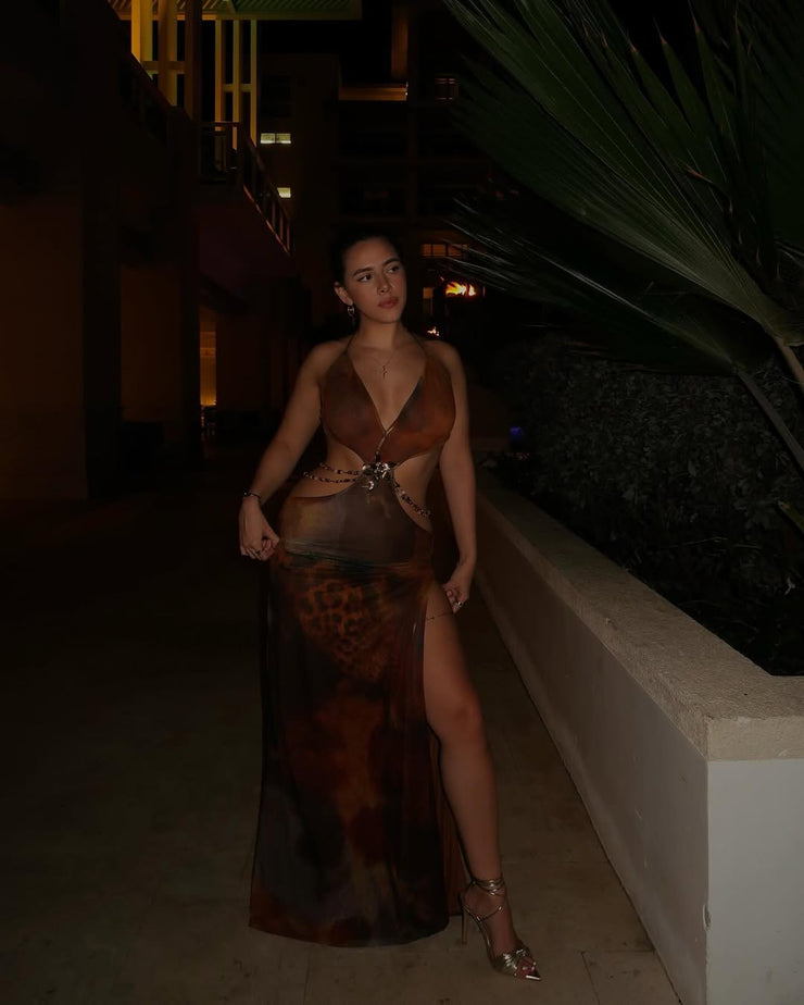 Elegant and sexy slim fit leopard print backless dress