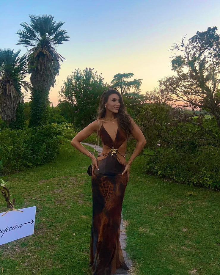 Elegant and sexy slim fit leopard print backless dress