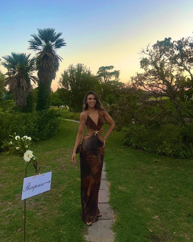 Elegant and sexy slim fit leopard print backless dress