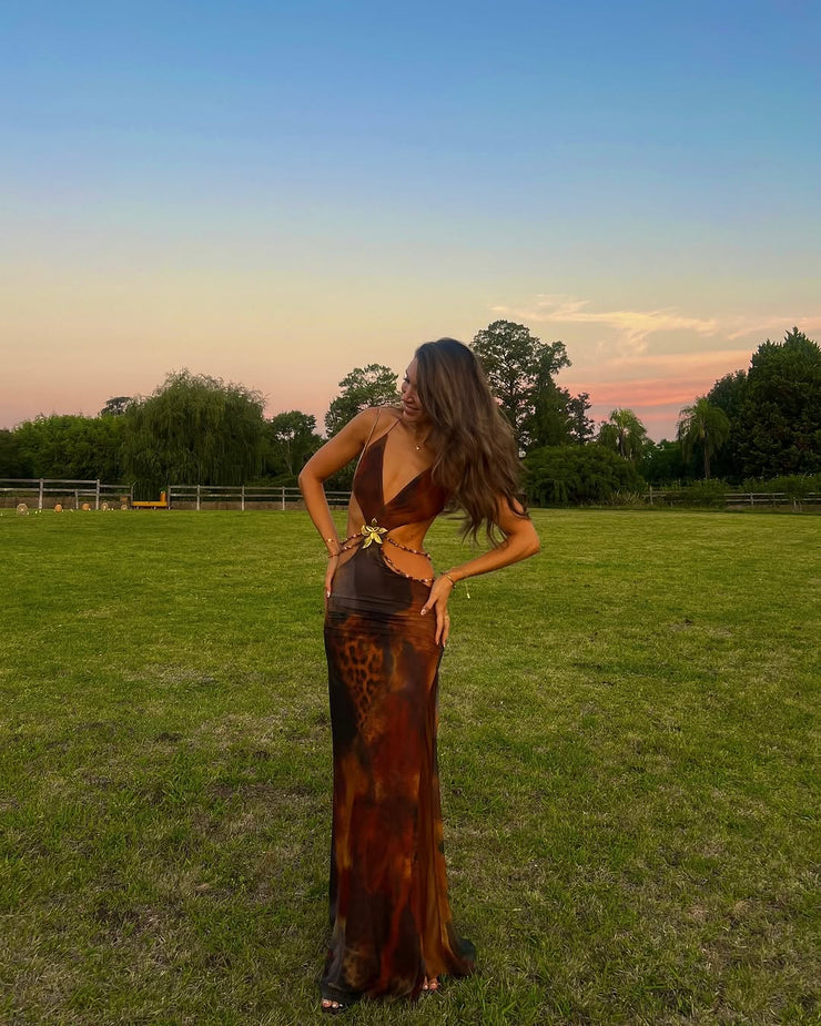 Elegant and sexy slim fit leopard print backless dress