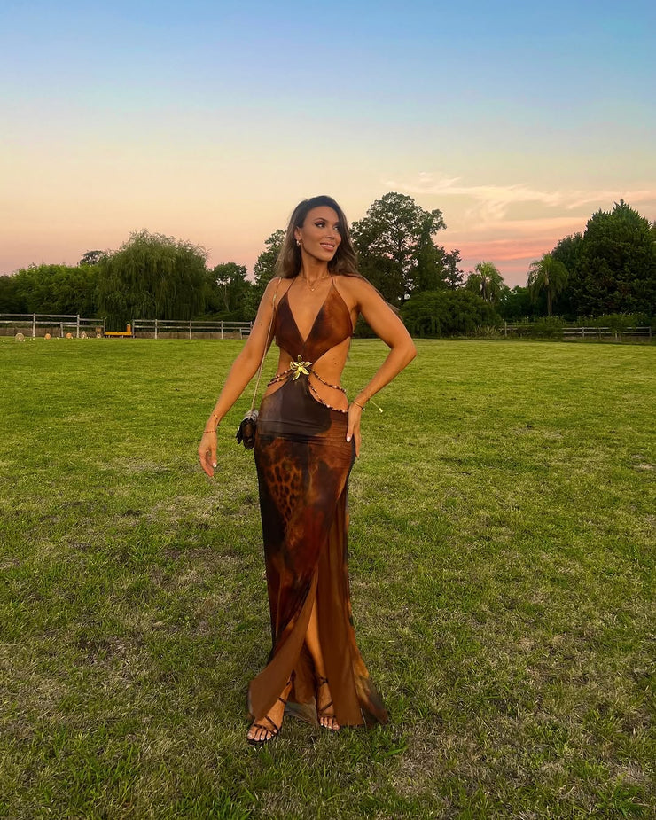 Elegant and sexy slim fit leopard print backless dress