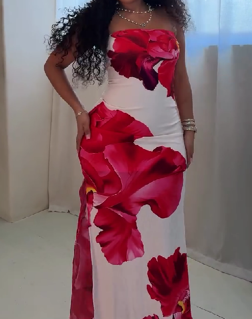 Strapless floral print fitted dress