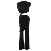 Pleated round neck irregular flared trousers suit