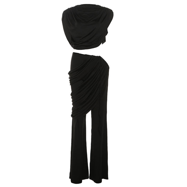 Pleated round neck irregular flared trousers suit