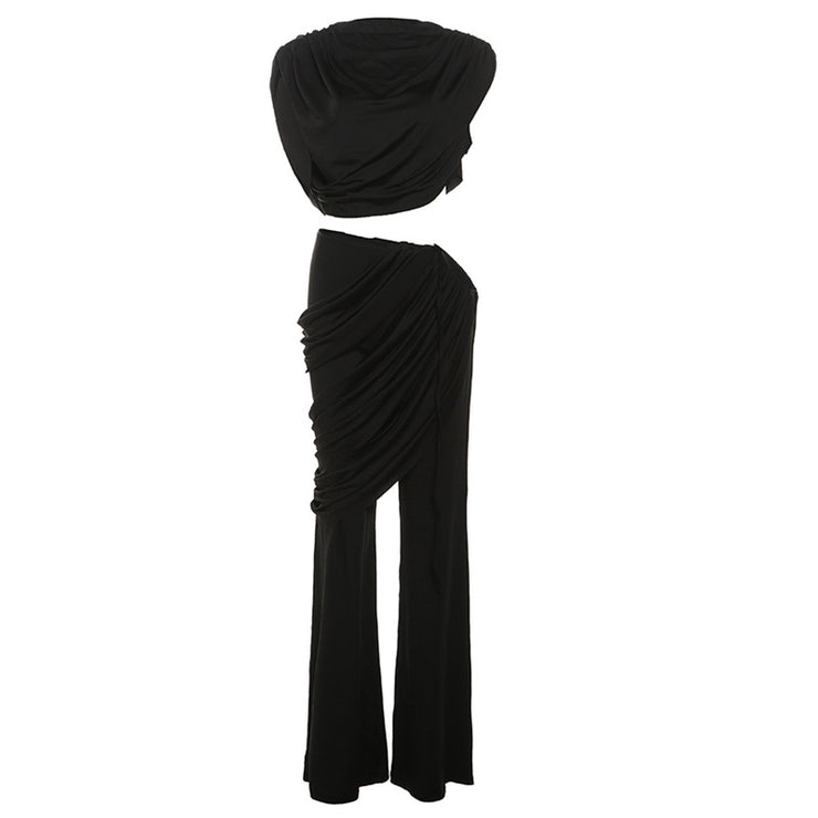 Pleated round neck irregular flared trousers suit