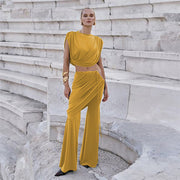 Pleated round neck irregular flared trousers suit
