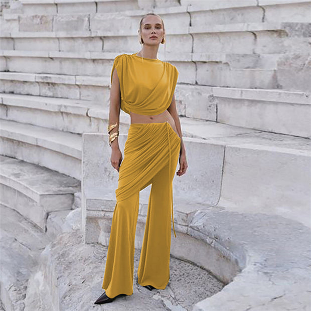 Pleated round neck irregular flared trousers suit