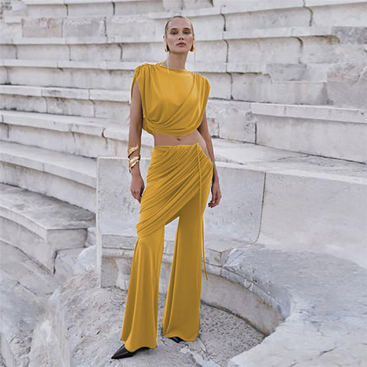 Pleated round neck irregular flared trousers suit