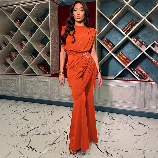 Pleated round neck irregular flared trousers suit